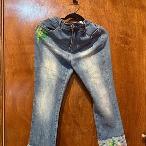 Source Unknown Blue Cropped Jeans with Cactus Embroidery